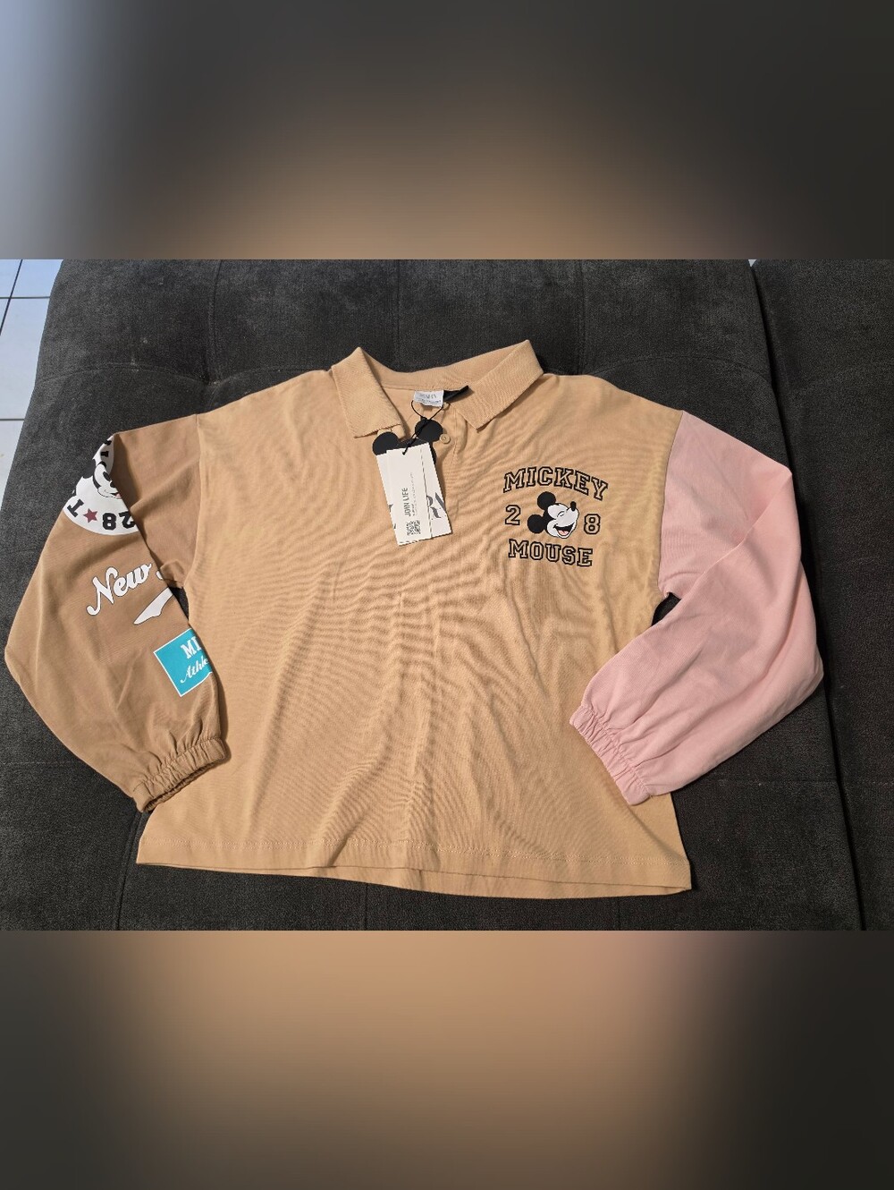 Zara Mickey Mouse Two-Tone Pink & Tan Polo